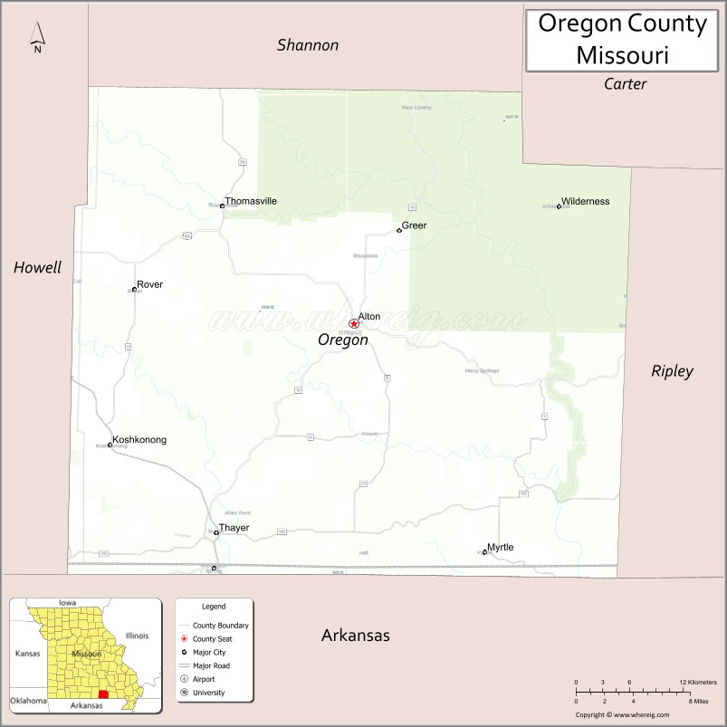 Map of Oregon County, Missouri