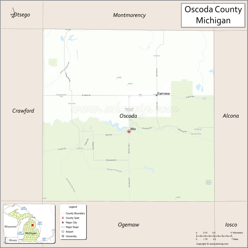Map of Oscoda County, Michigan