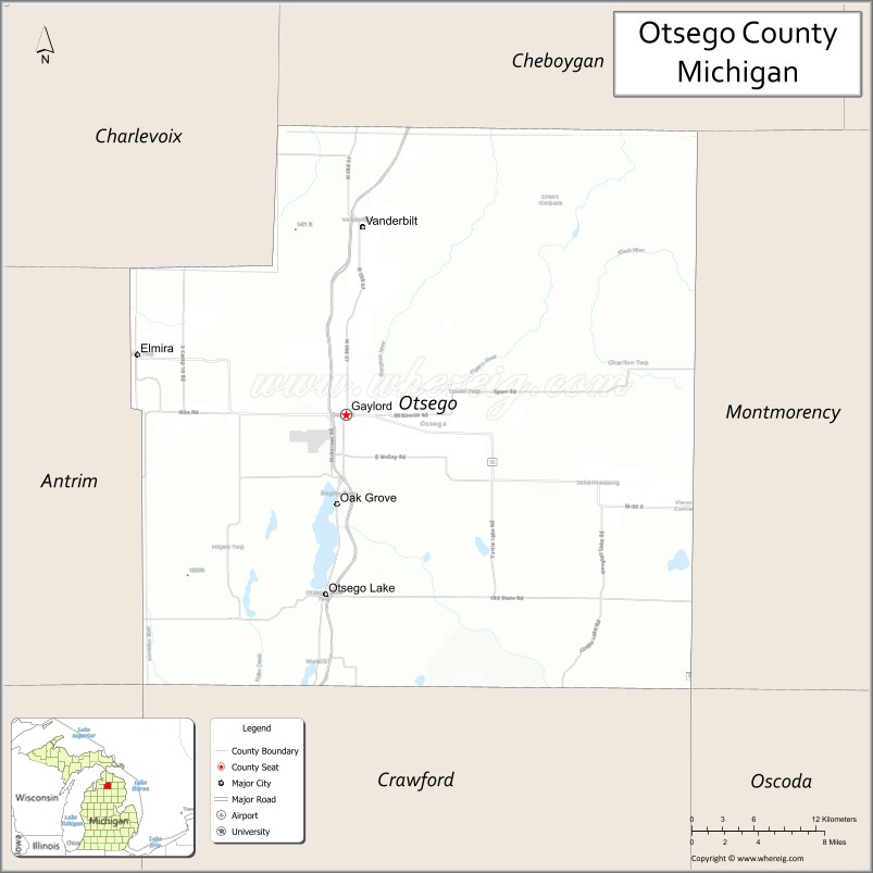 Map of Otsego County, Michigan