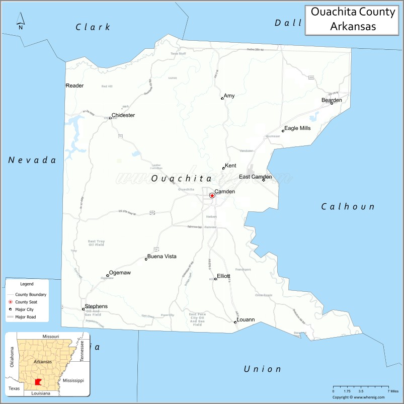 Map of Ouachita County, Arkansas