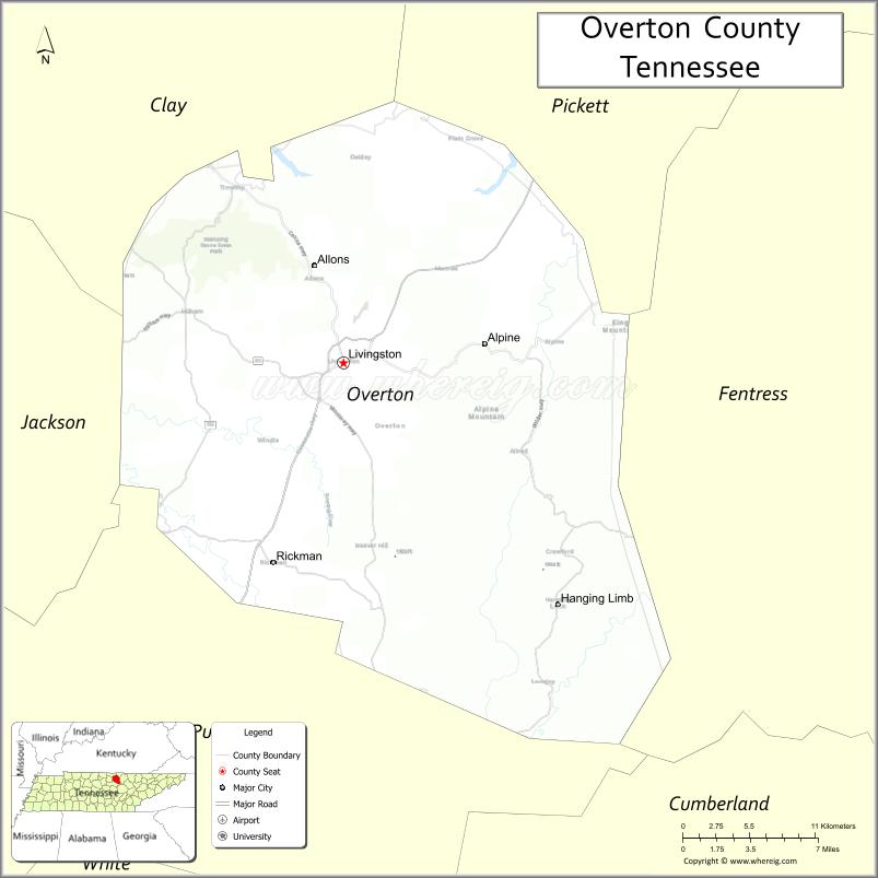 Map of Overton County, Tennessee