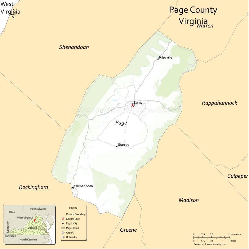 Page County Map, Virginia, USA