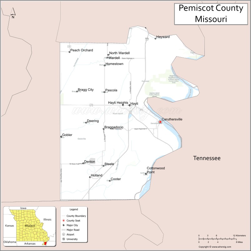 Map of Pemiscot County, Missouri