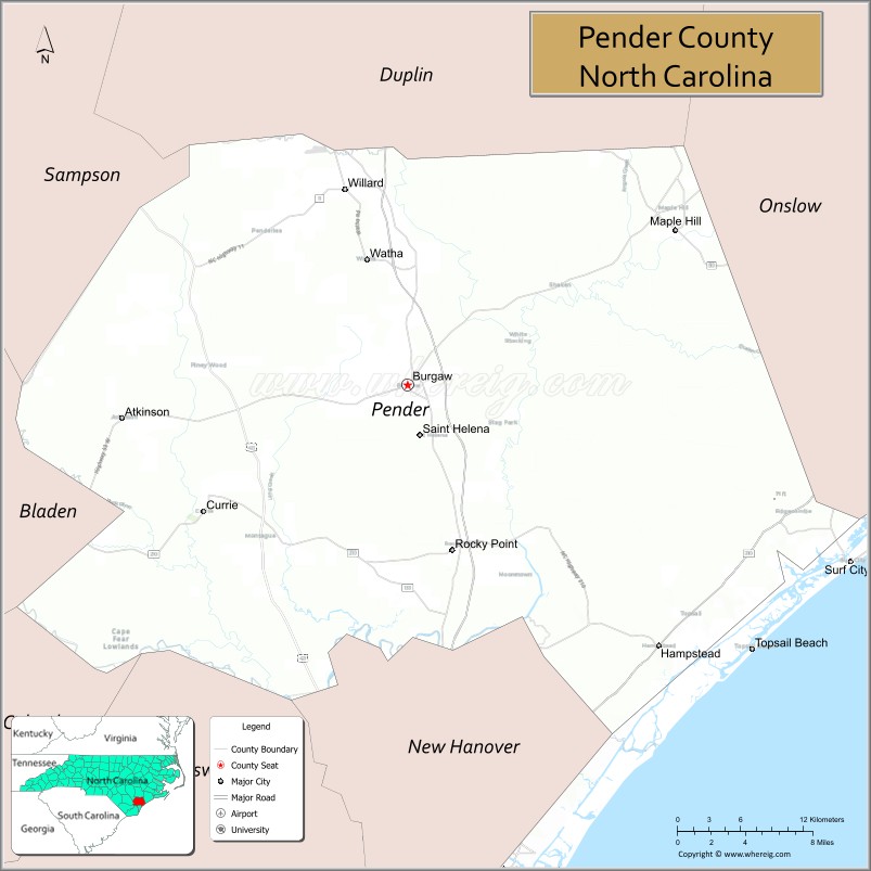 Map of Pender County, North Carolina