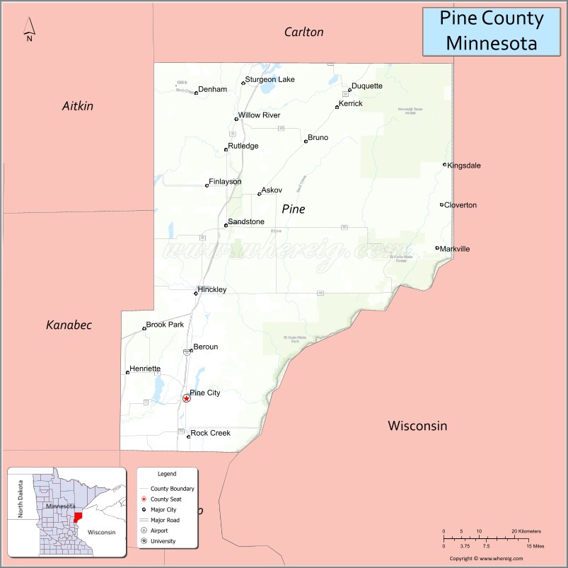 Map of Pine County, Minnesota
