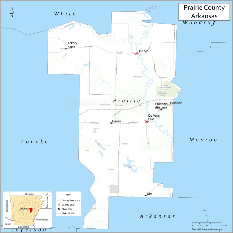 Map of Prairie County, Arkansas