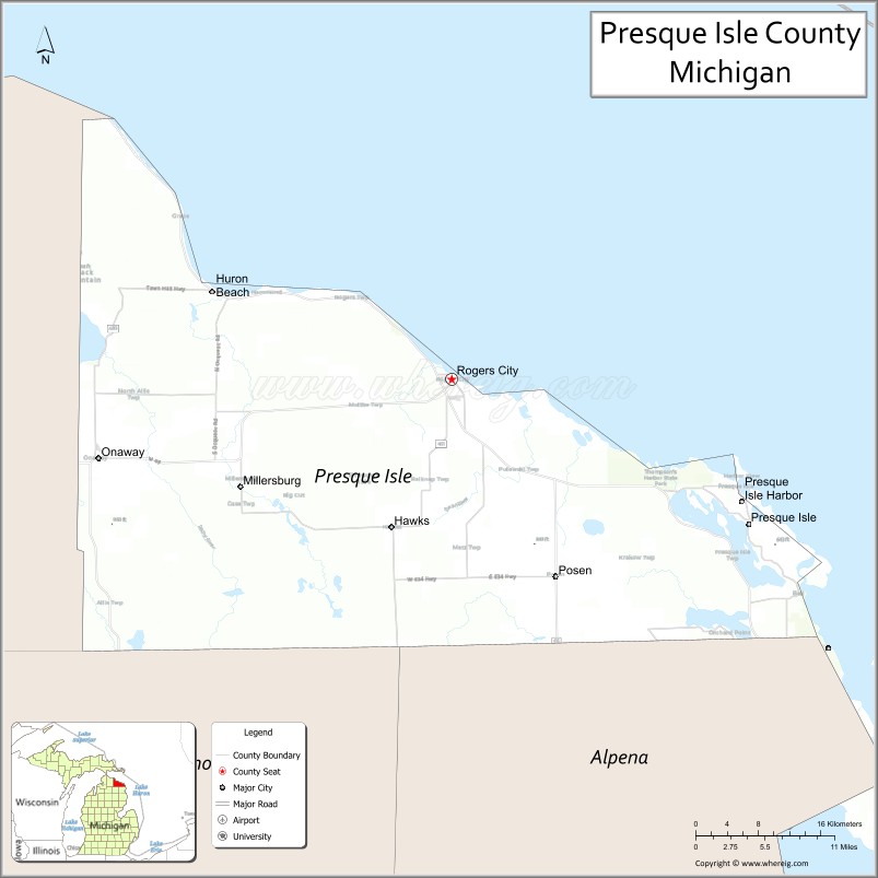 Map of Presque Isle County, Michigan