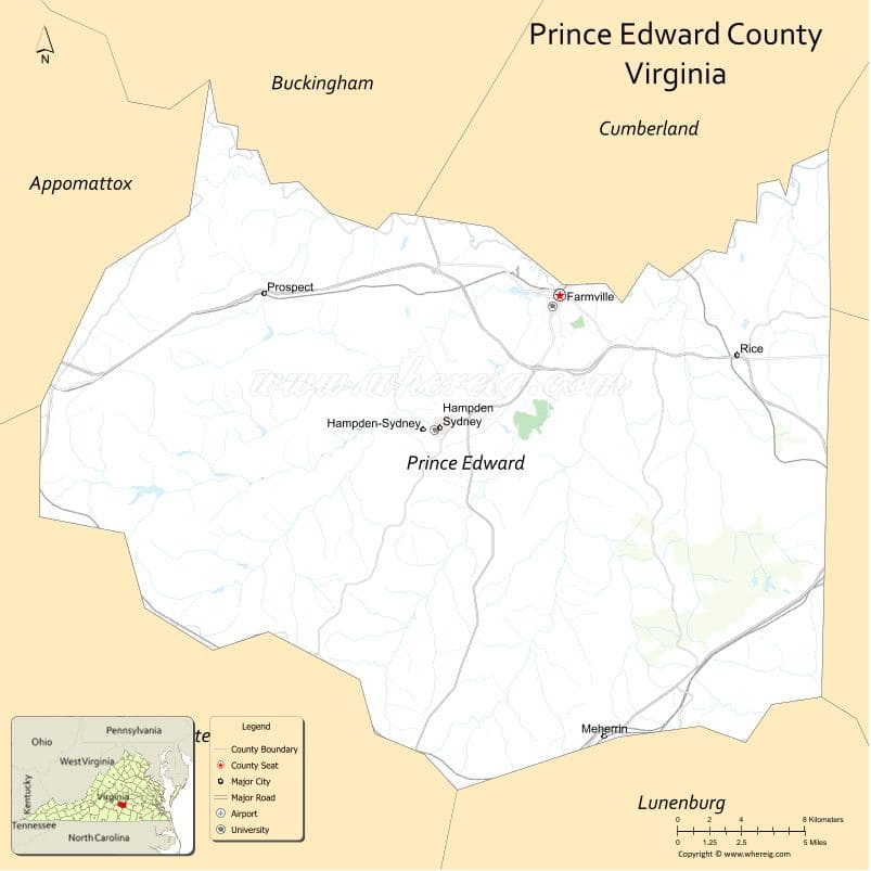 Prince Edward County Map, Virginia, USA