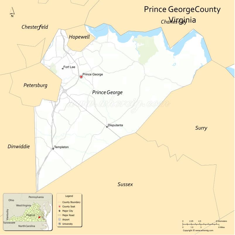 Prince George County Map, Virginia, USA