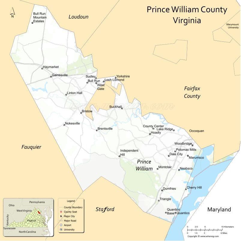 Prince William County Map, Virginia, USA