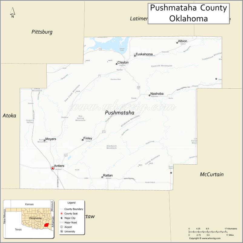 Map of Pushmataha County, Oklahoma