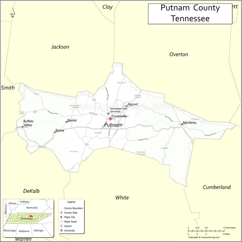Map of Putnam County, Tennessee