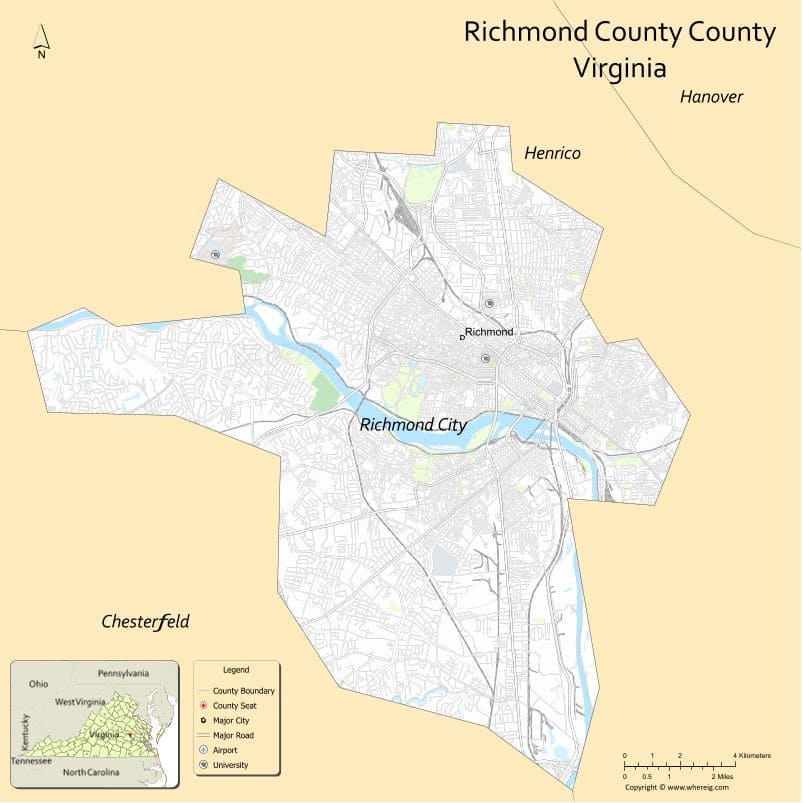 Richmond County Map, Virginia, USA