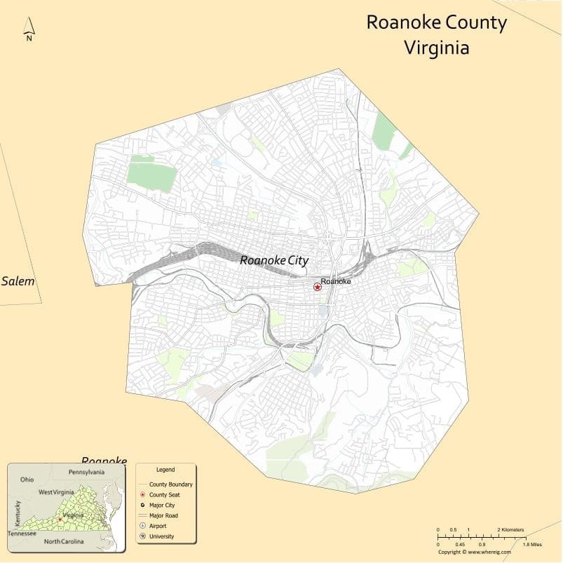 Roanoke County Map, Virginia, USA