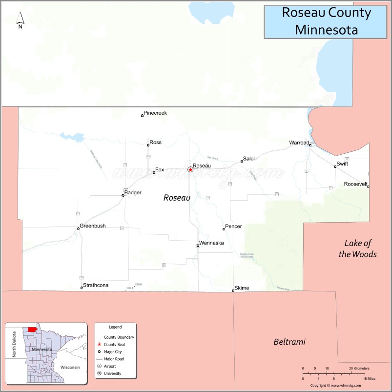Map of Roseau County, Minnesota