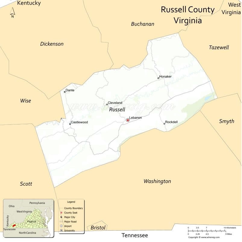 Russell County Map, Virginia, USA