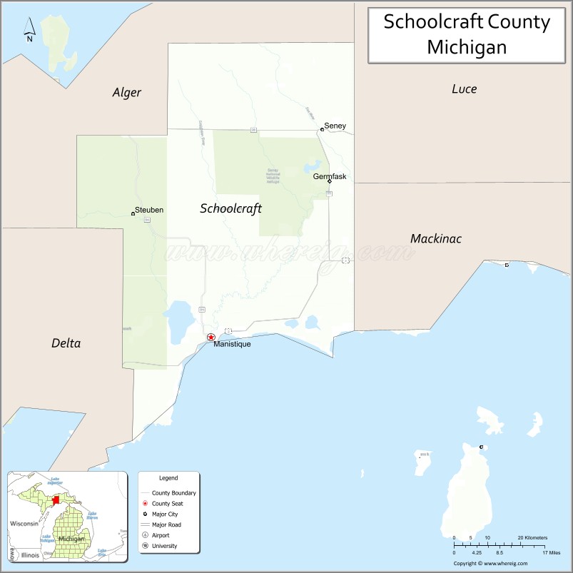 Map of Schoolcraft County, Michigan