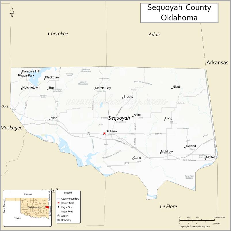 Map of Sequoyah County, Oklahoma