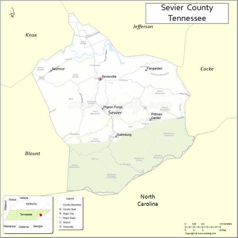 Map of Sevier County, Tennessee