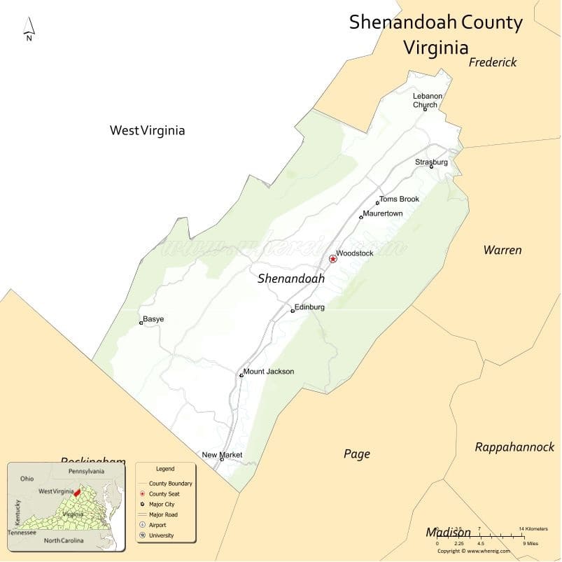 Shenandoah County Map, Virginia, USA