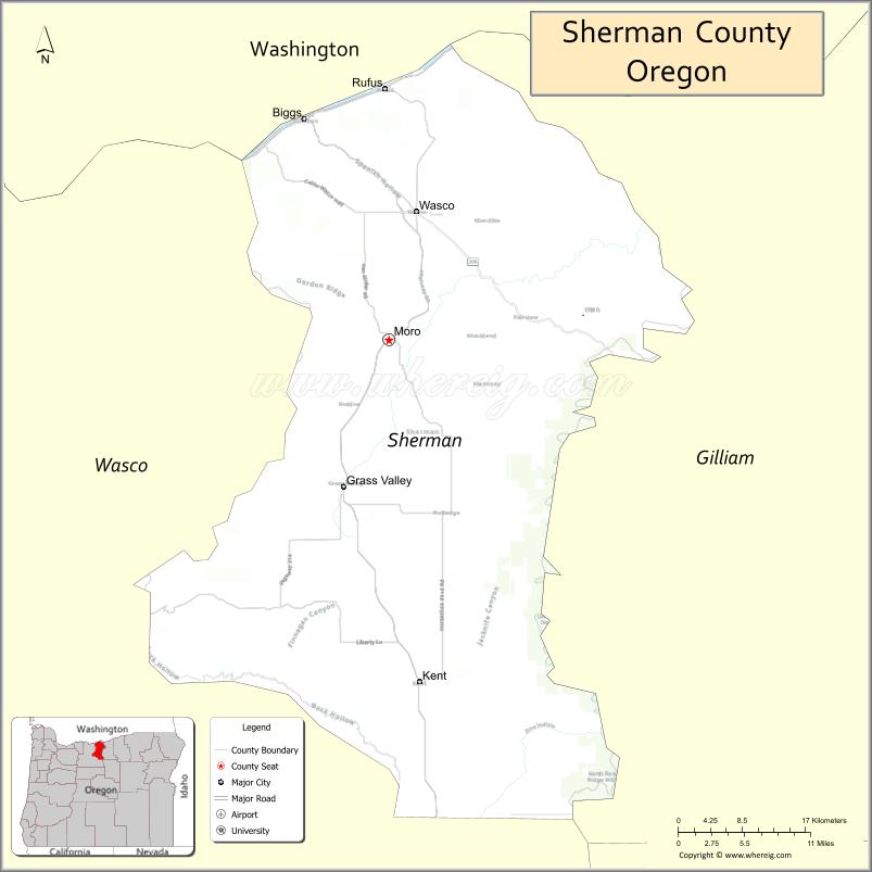 Map of Sherman County, Oregon