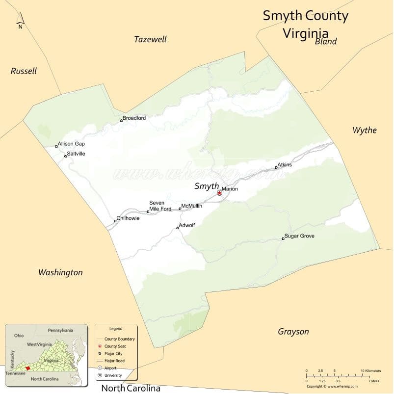 Smyth County Map, Virginia, USA