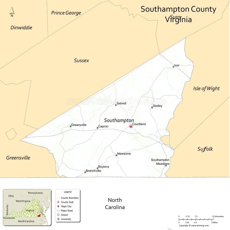 Southampton County Map, Virginia, USA