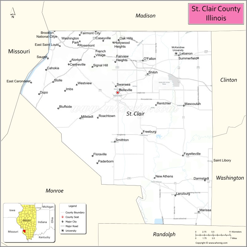 Map of St Clair County, Illinois
