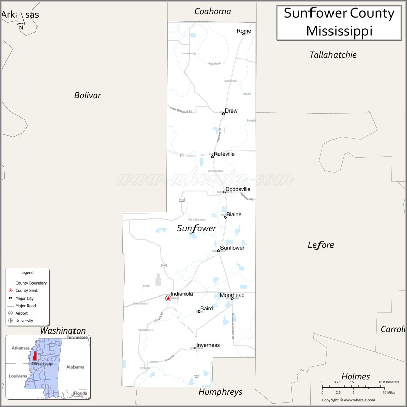 Map of Sunflower County, Mississippi