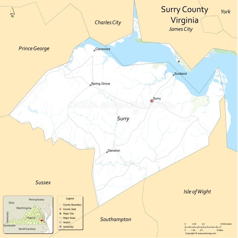 Surry County Map, Virginia, USA