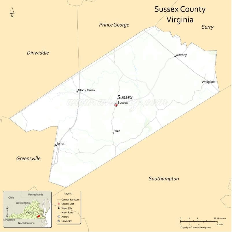 Sussex County Map, Virginia, USA