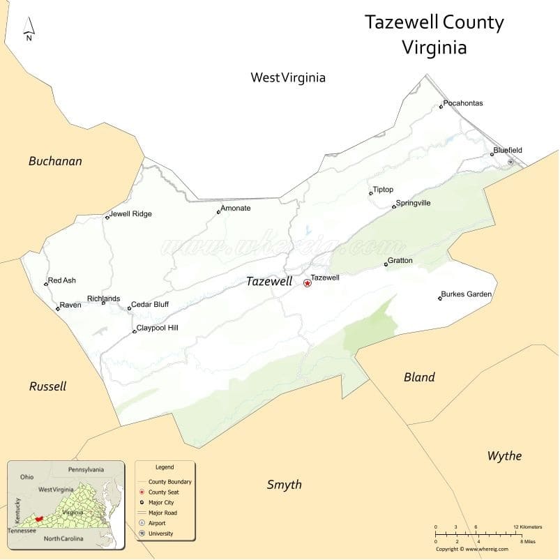 Tazewell County Map, Virginia, USA