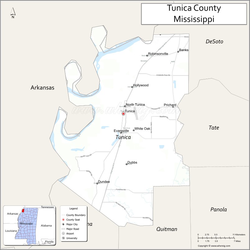 Map of Tunica County, Mississippi