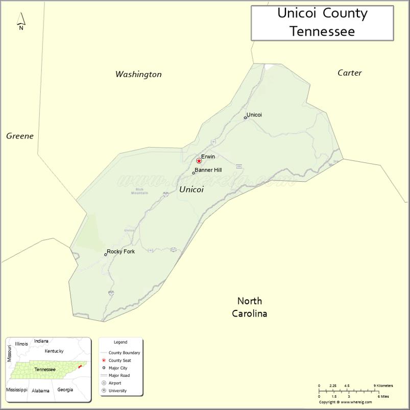 Map of Unicoi County, Tennessee