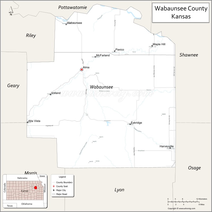 Map of Wabaunsee County, Kansas