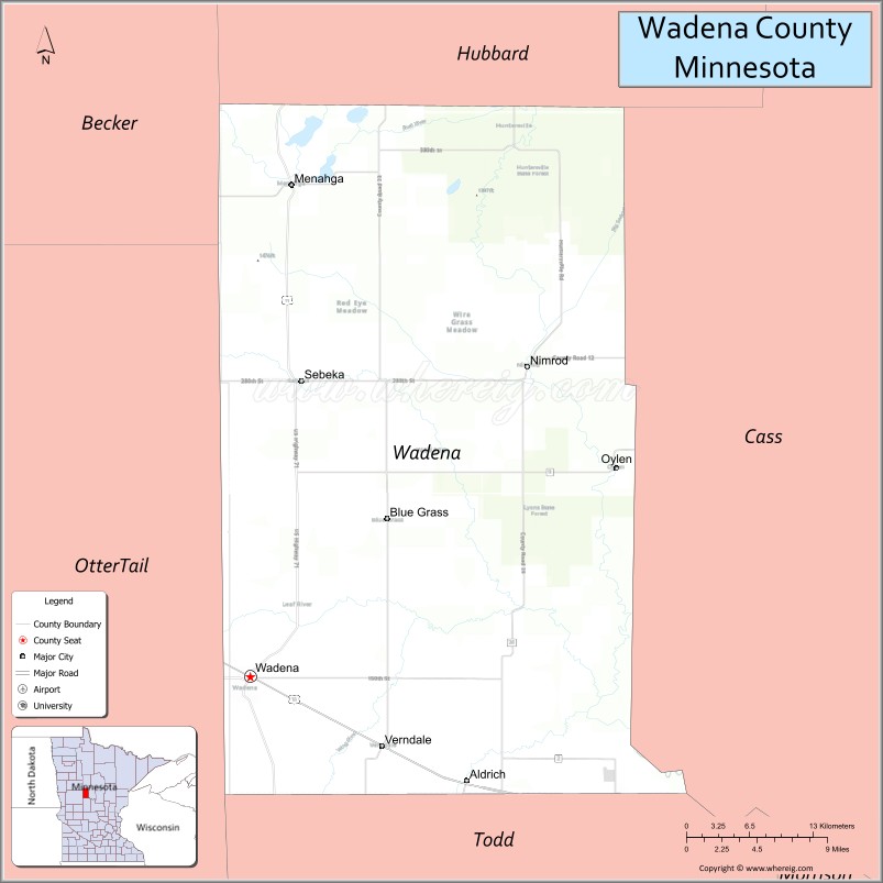 Map of Wadena County, Minnesota