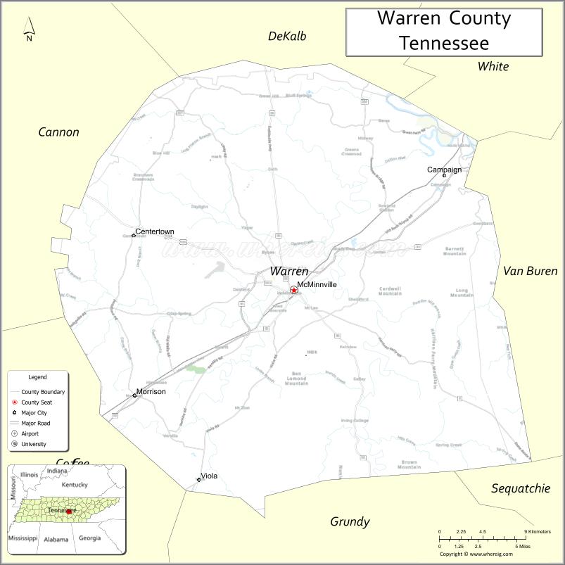 Map of Warren County, Tennessee