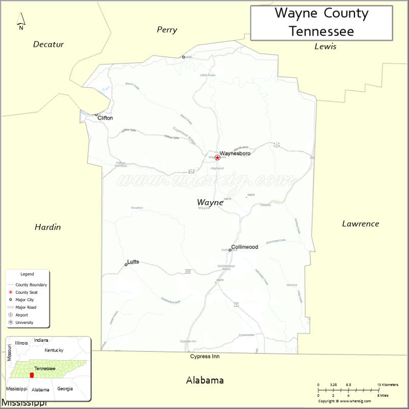 Map of Wayne County, Tennessee