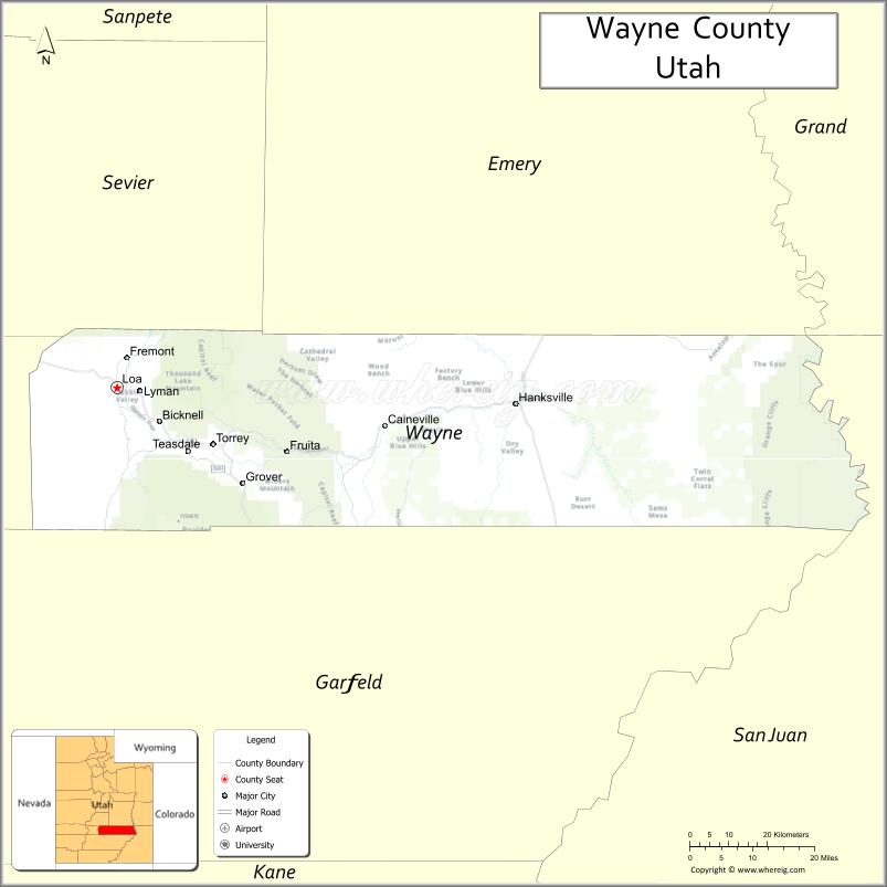 Map of Wayne County, Utah