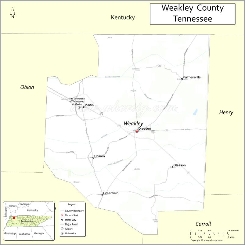 Map of Weakley County, Tennessee