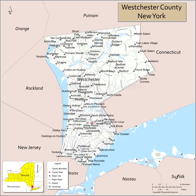 Map of Westchester County, New York