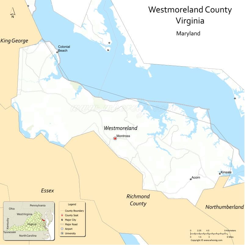 Westmoreland County Map, Virginia, USA