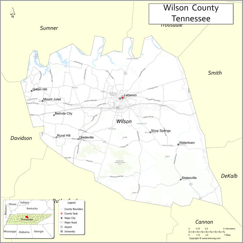 Map of Wilson County, Tennessee