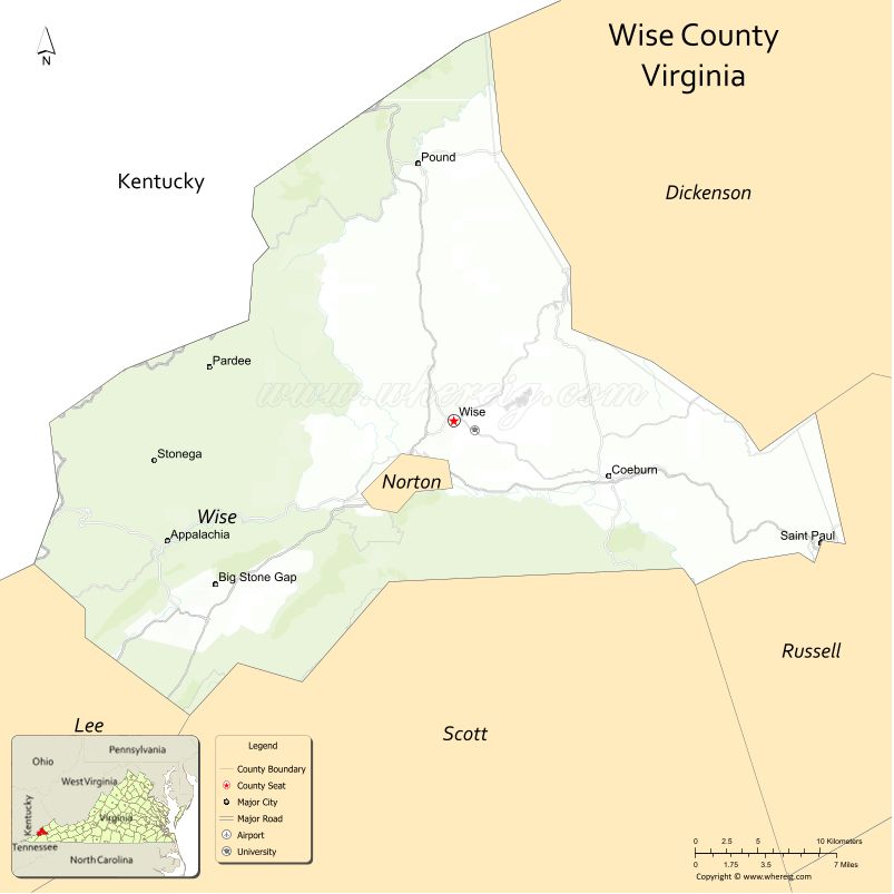 Wise County Map, Virginia, USA