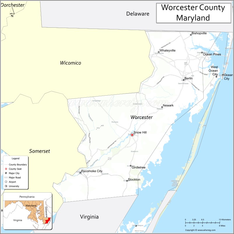 Map of Worcester County, Maryland