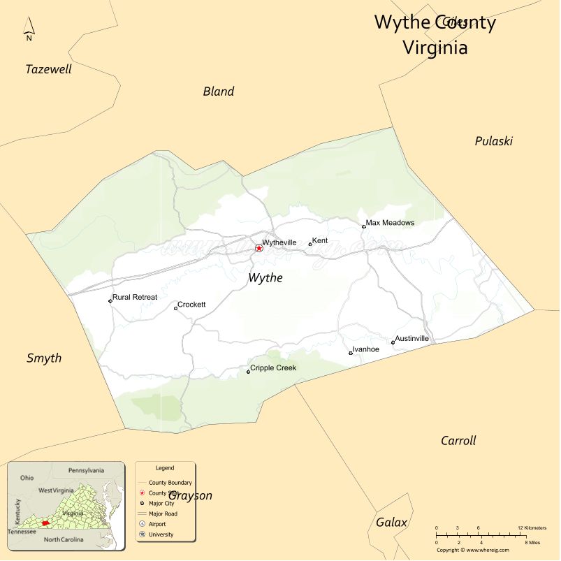 Wythe County Map, Virginia, USA