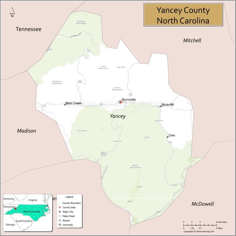 Map of Yancey County, North Carolina