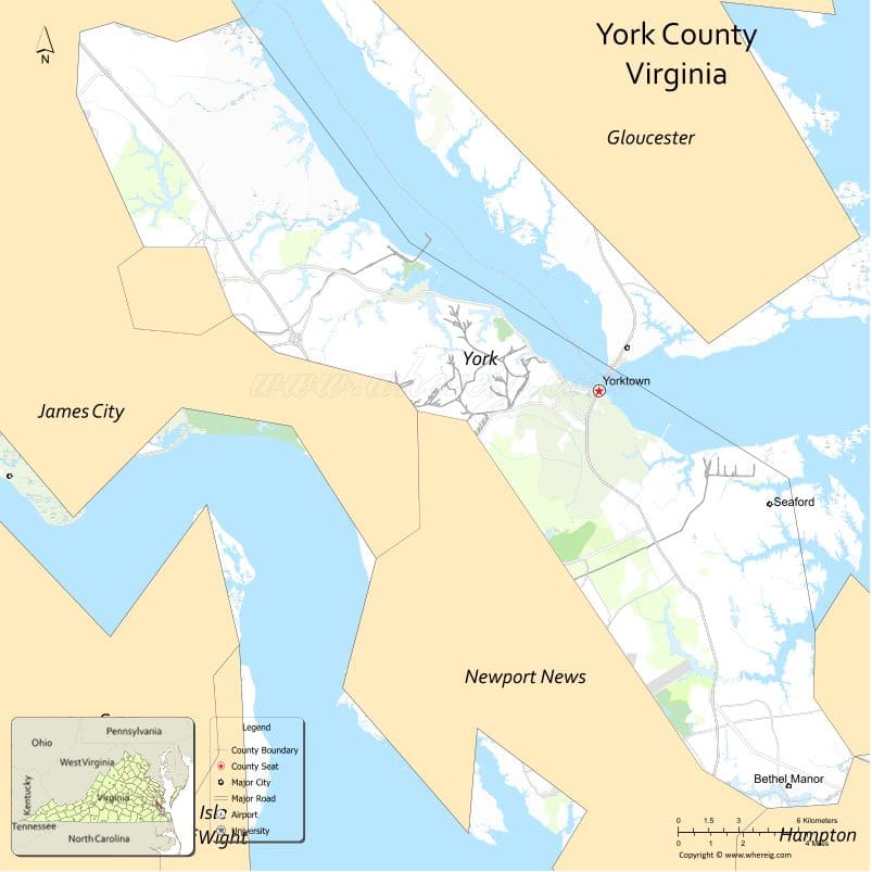 York County Map, Virginia, USA