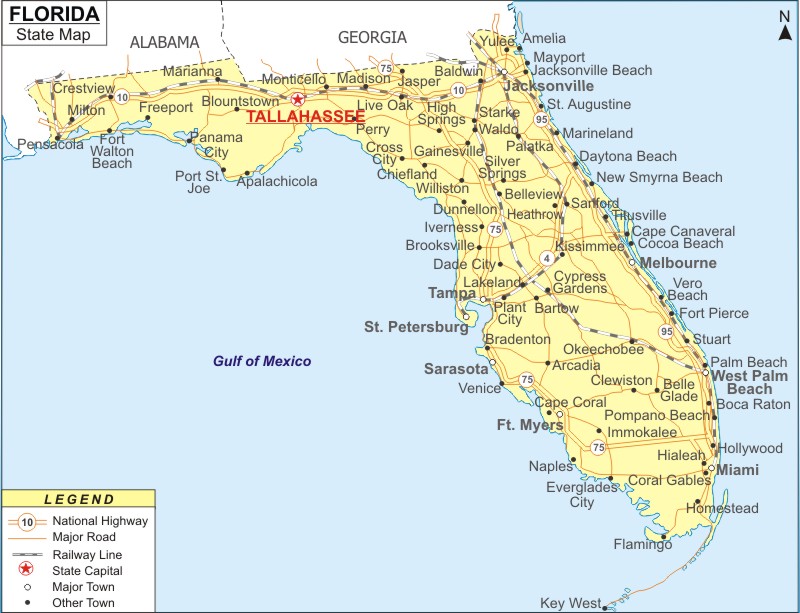 Map of Florida - FL Map showing the state capital, state boundary, highways, rail network, rivers, major cities and towns.