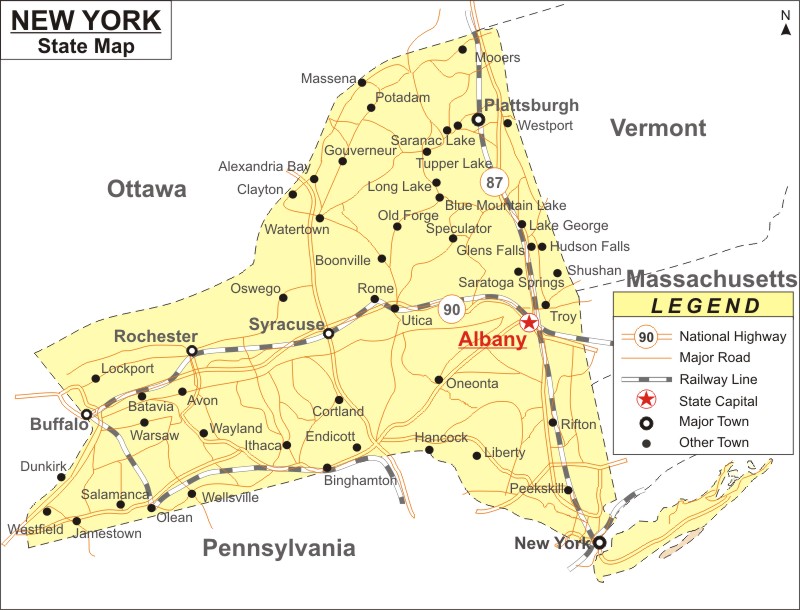 Map of New York - New York Map showing the capital, state boundary, roads, rail, highways, major cities